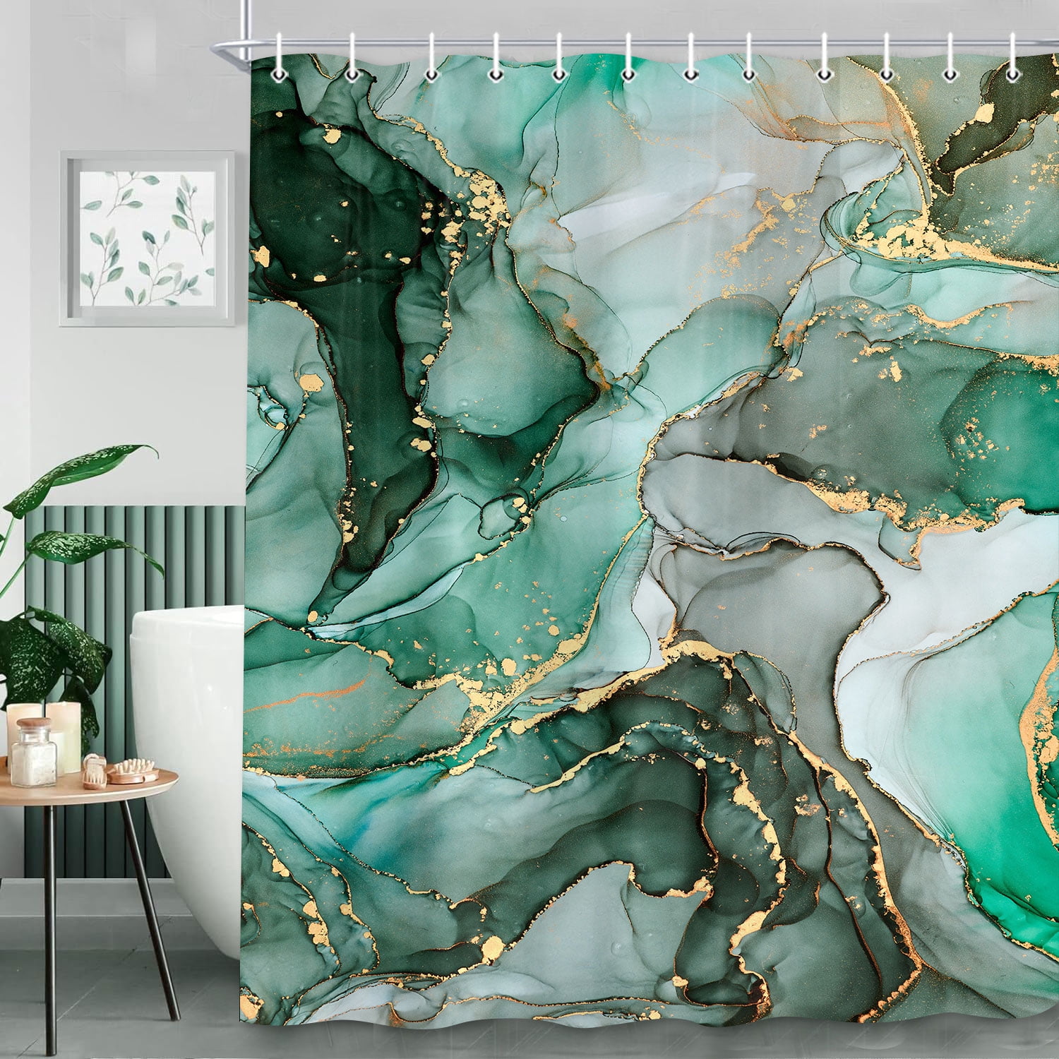 Colorful Shower Curtain,Green Gold Marble Texture Shower Curtain for Bathroom,Watercolor Abstract Bath Curtain,Modern Ink Art Decor Fabric Shower Curtain Set with Hooks 72X84in