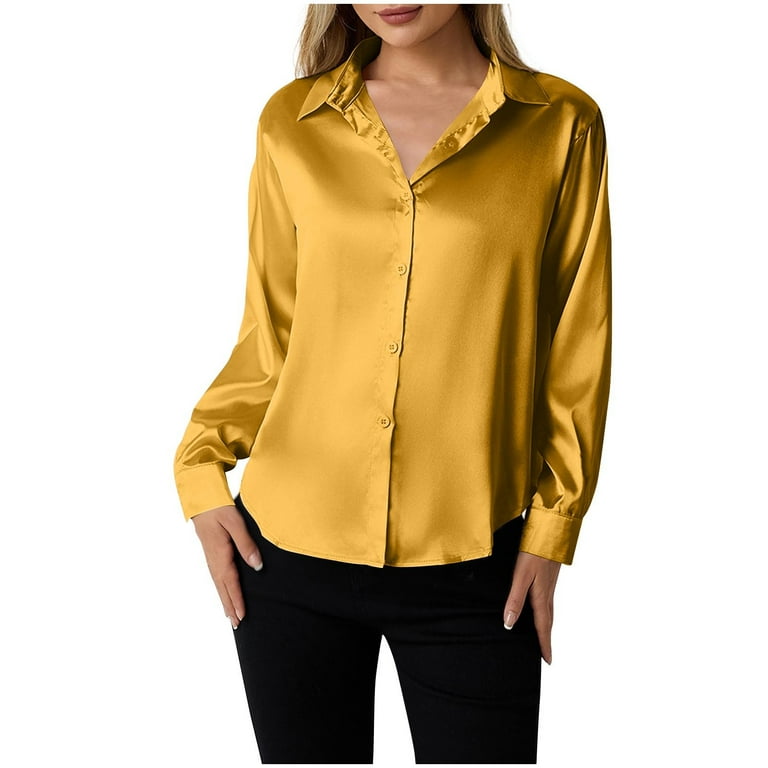 yellow dress shirt women's Otntypg Satin Blouses for Women Silk Button Down Shirts Dressy Casual Long Sleeve Shirt Elegant Ladies Business Office Work Tunic Tops Yellow L,