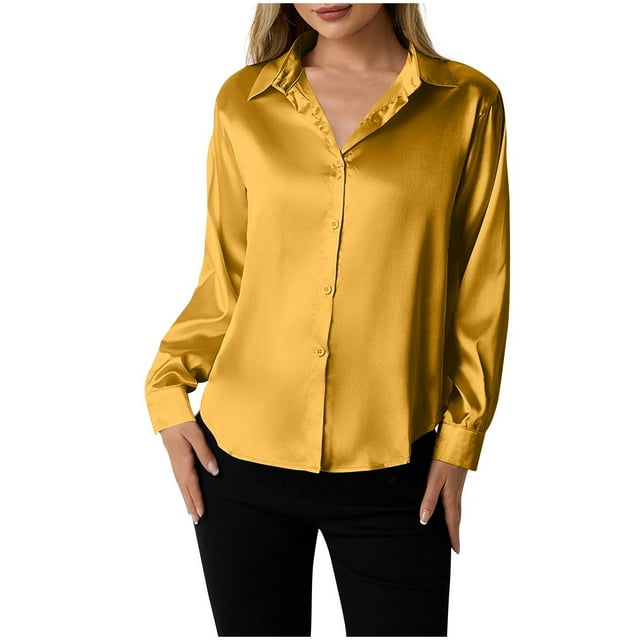 Lenpel Women's Satin Blouses Dressy Casual Long Sleeve Collared Solid Color Button down Shirts Trendy Work Tops