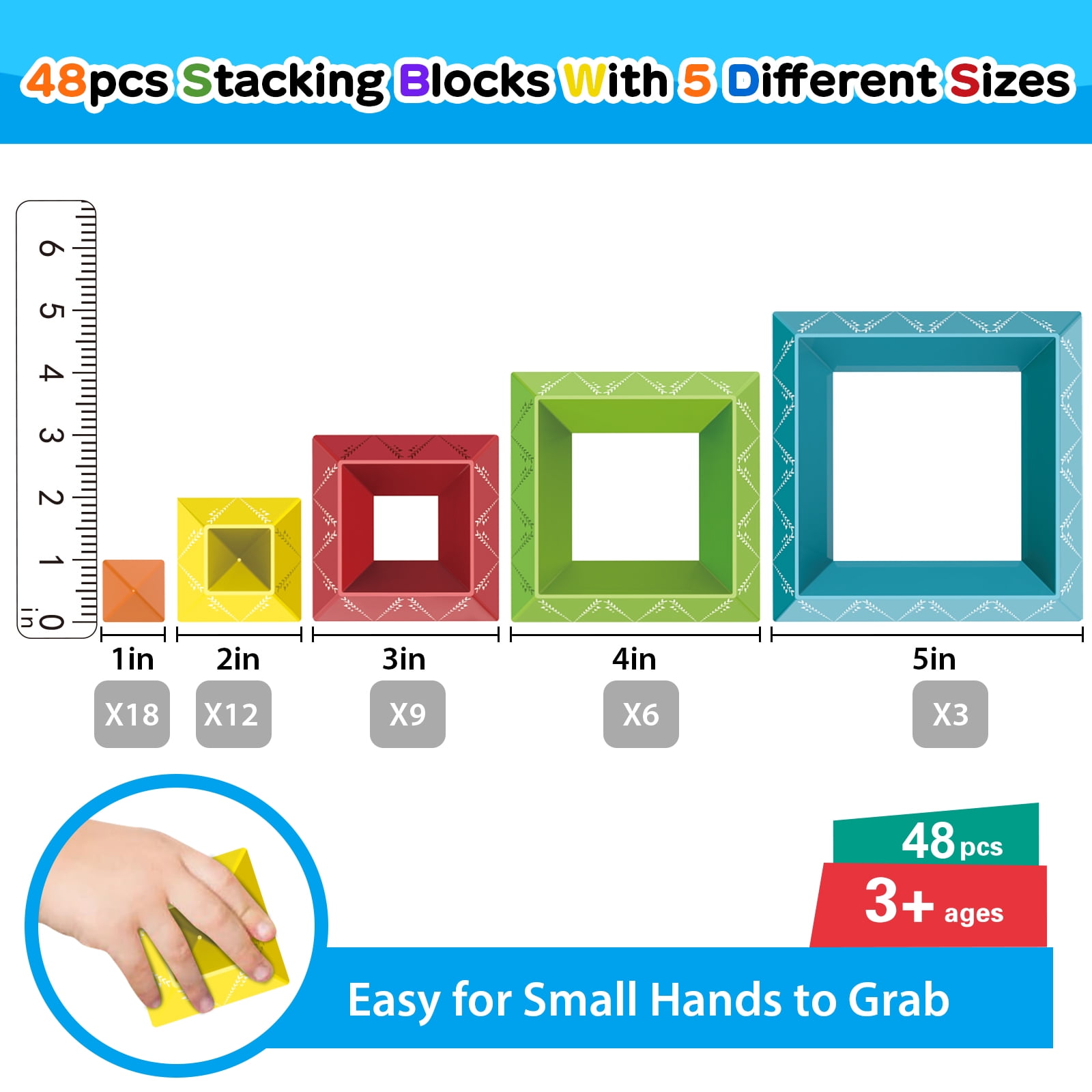 STEM Building Blocks for Toddlers, 48 PCS Educational Stacking Toys - Developmental Learning Toys, Construction Toys for Kids 3 4 5 6 Years Old, Gift for Boys Girls