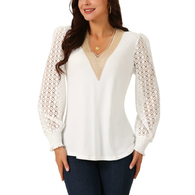 Camisetas casuales simples de manga larga con cuello en V de encaje para mujeres INSPIRE CHIC de moda de otoño e invierno