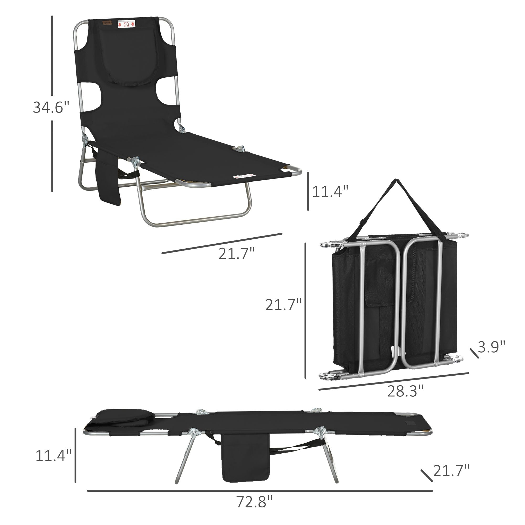 5-Position Reclining Face-Down Tanning Lounge Chair, Tri-Fold Beach Chaise Lounge with Face Hole, Side Storage Pocket, Powder Coated Steel Frame Holds 264 LBS for Patio Pool Outdoor Sunbathing