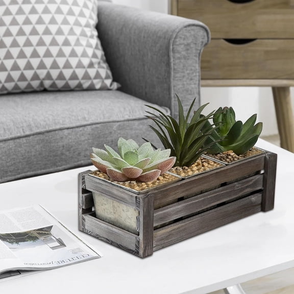 SOFE Rectangular Planters for Indoor Plants, Succulent Planters and Wood Decorative Storage Box, Farmhouse Herb Garden Planter Indoor Kit with Galvanized Inserts, Country Style Windowsill Decor, Grey