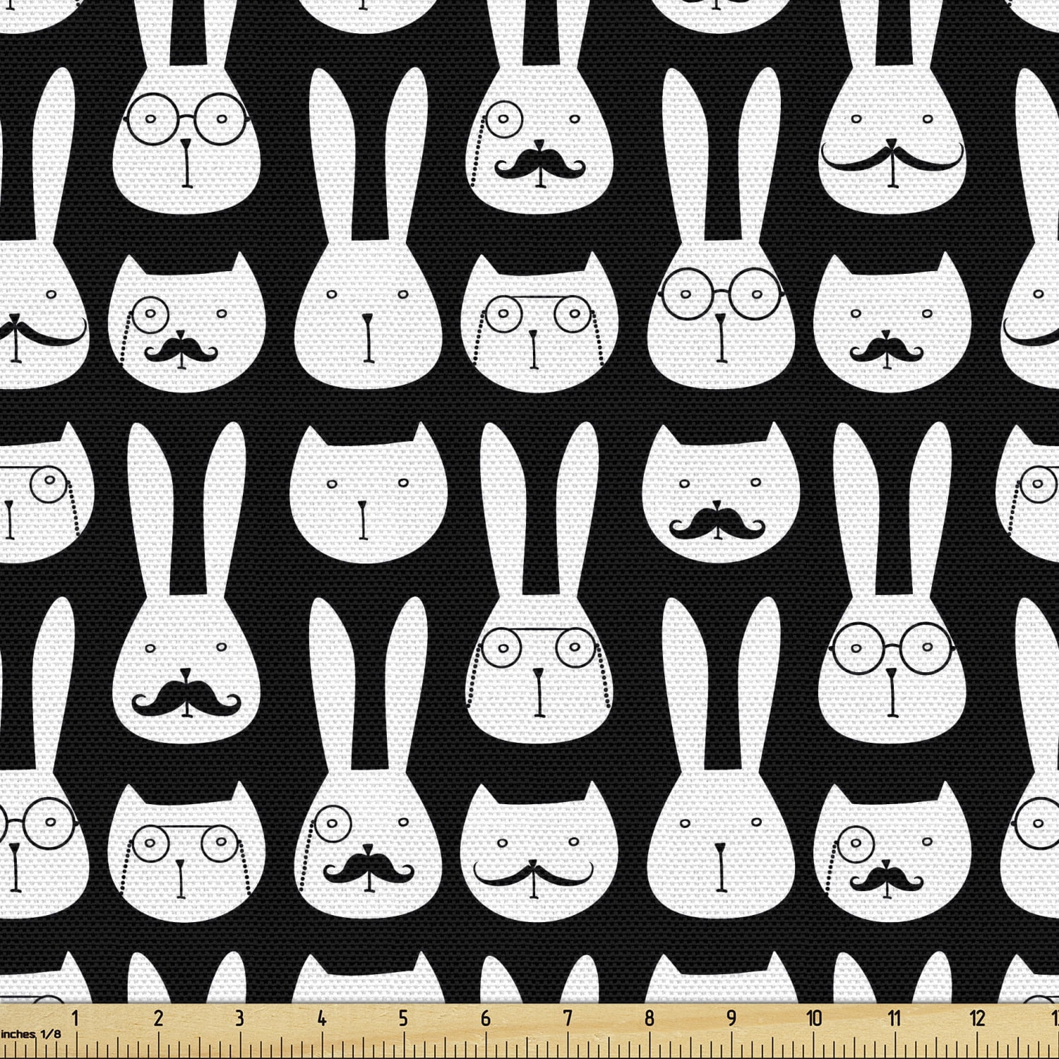 Hipster Fabric by the Yard, Retro Rabbit and Cat Faces with Mustache