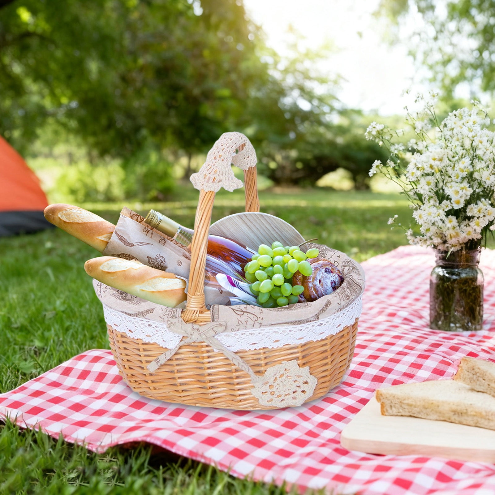 Wicker Picnic Basket with Removable Floral Liner, Suitable for Weddings, Holidays, Gardening, Valentine's Day, Easter, Parties, Celebrations, Oval Picnic Camping Outdoor Basket, 9.8 x 7.8 x 10.2 in