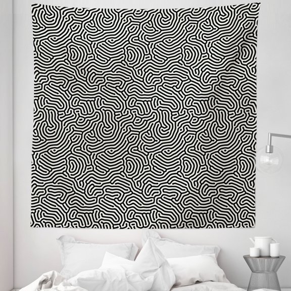 Black and White Tapestry, Maze Labyrinth Pattern Abstract Jumble Design Contemporary Line Art, Fabric Wall Hanging Decor for Bedroom Living Room Dorm, 5 Sizes, Black and White, by Ambesonne