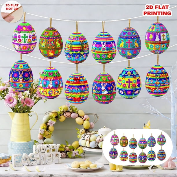 12 piezas de lindo conejito de Pascua, adorno colgante de huevo de Pascua, adorno plano 2D, llavero pequeño, colgante para espejo retrovisor de coche o mochila, adecuado para decoración de Pascua, col