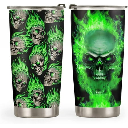 

20oz Green Fire Skull - Gifts for Dad Husband Son Valentines Day Gifts for Him - Birthday Fathers Gifts Skull Tumbler Cup with Lid Double Wall Vacuum Insulated Travel Coffee Mug