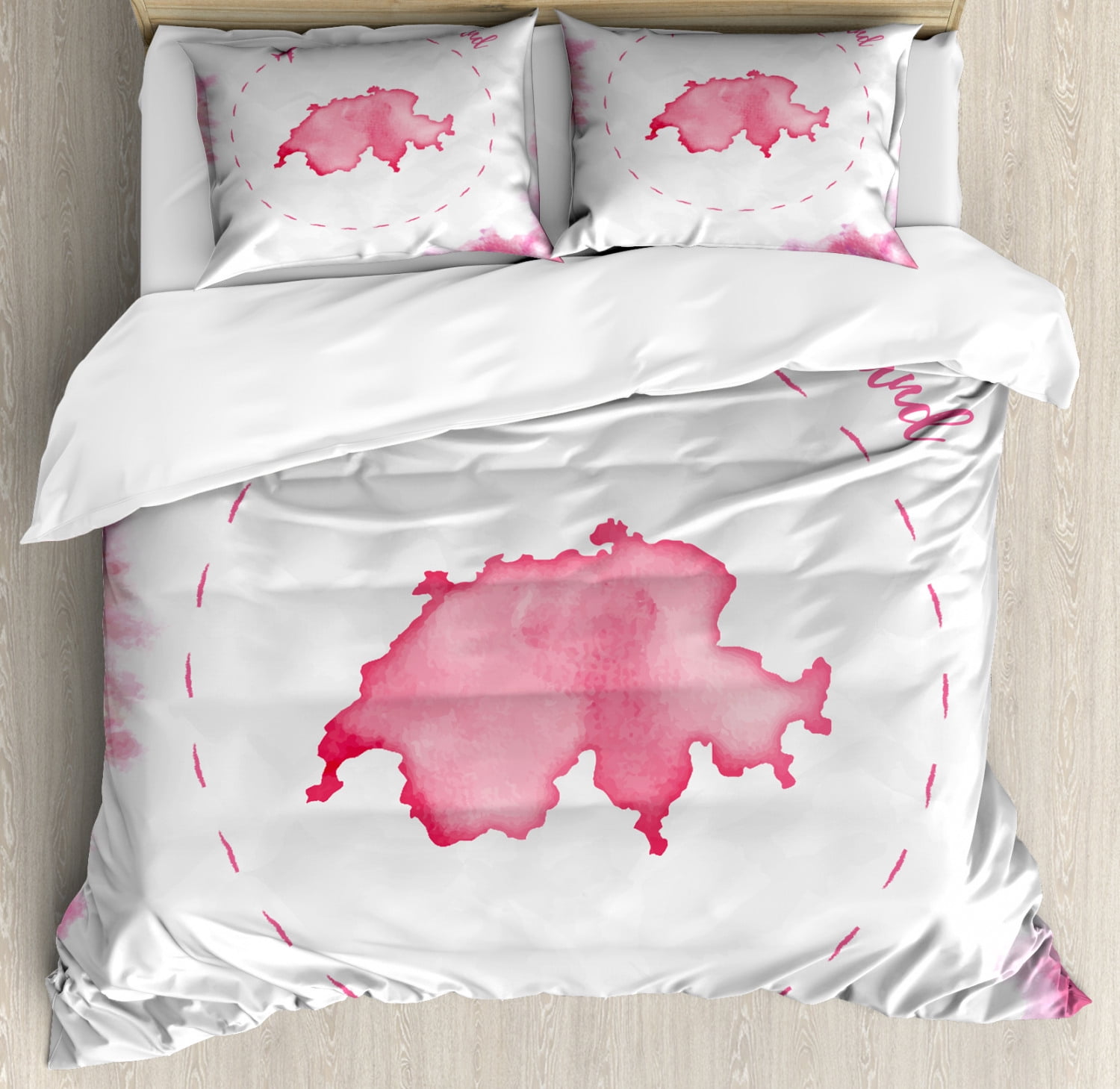 Switzerland Duvet Cover Set Queen Size, Monochrome Watercolor Map with Dashed Circle and Paint