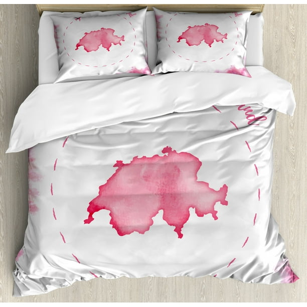 Switzerland Duvet Cover Set Queen Size, Monochrome Watercolor Map with