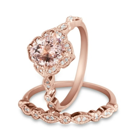 Halo Diamond Wedding Rings 1.50 carat Round Cut Morganite and Diamond Halo Bridal Wedding Ring Set in Rose Gold: Bestselling Design Under Dollar 500 ()