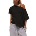 thumbnail image 4 of Czanzd Women's Oversized Off-Shoulder T-Shirt Loose Fit Casual Short Sleeve Top,Black,S, 4 of 6