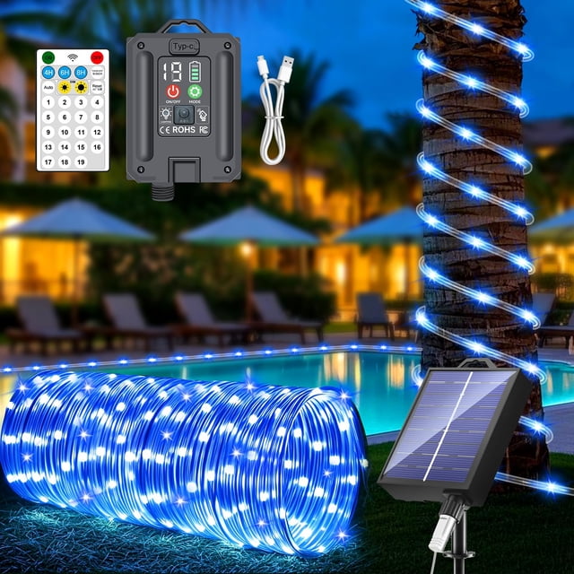 Luces solares en forma de cuerda Eoako 300 LED, 105 pies, impermeables, 19 modos, azul