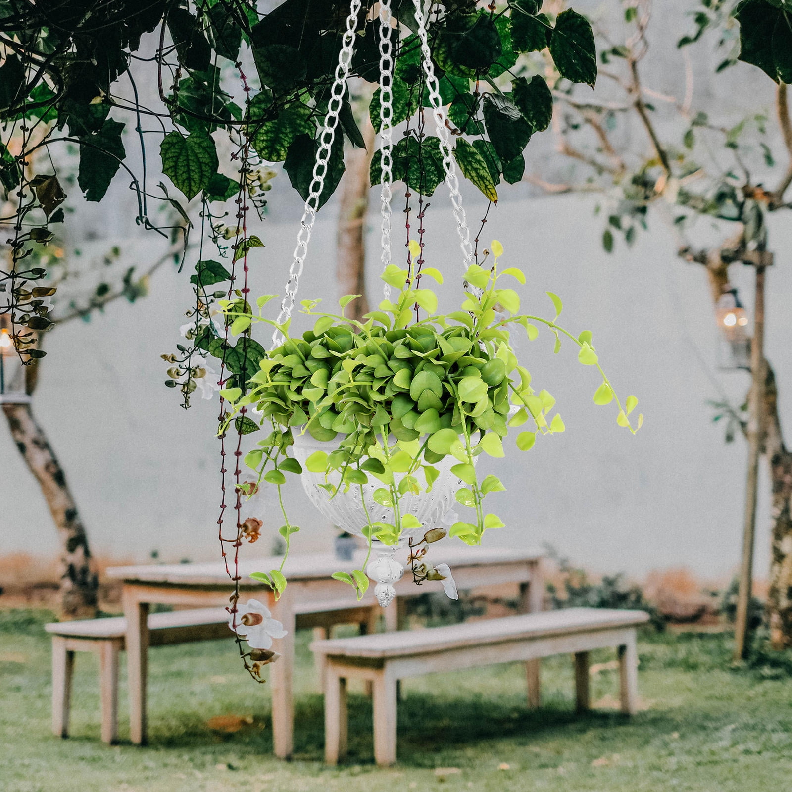 OUNONA White Iron Hanging Planter with Chain, Farmhouse Style Wall Mounted Flower Pot for Indoor Outdoor Decor
