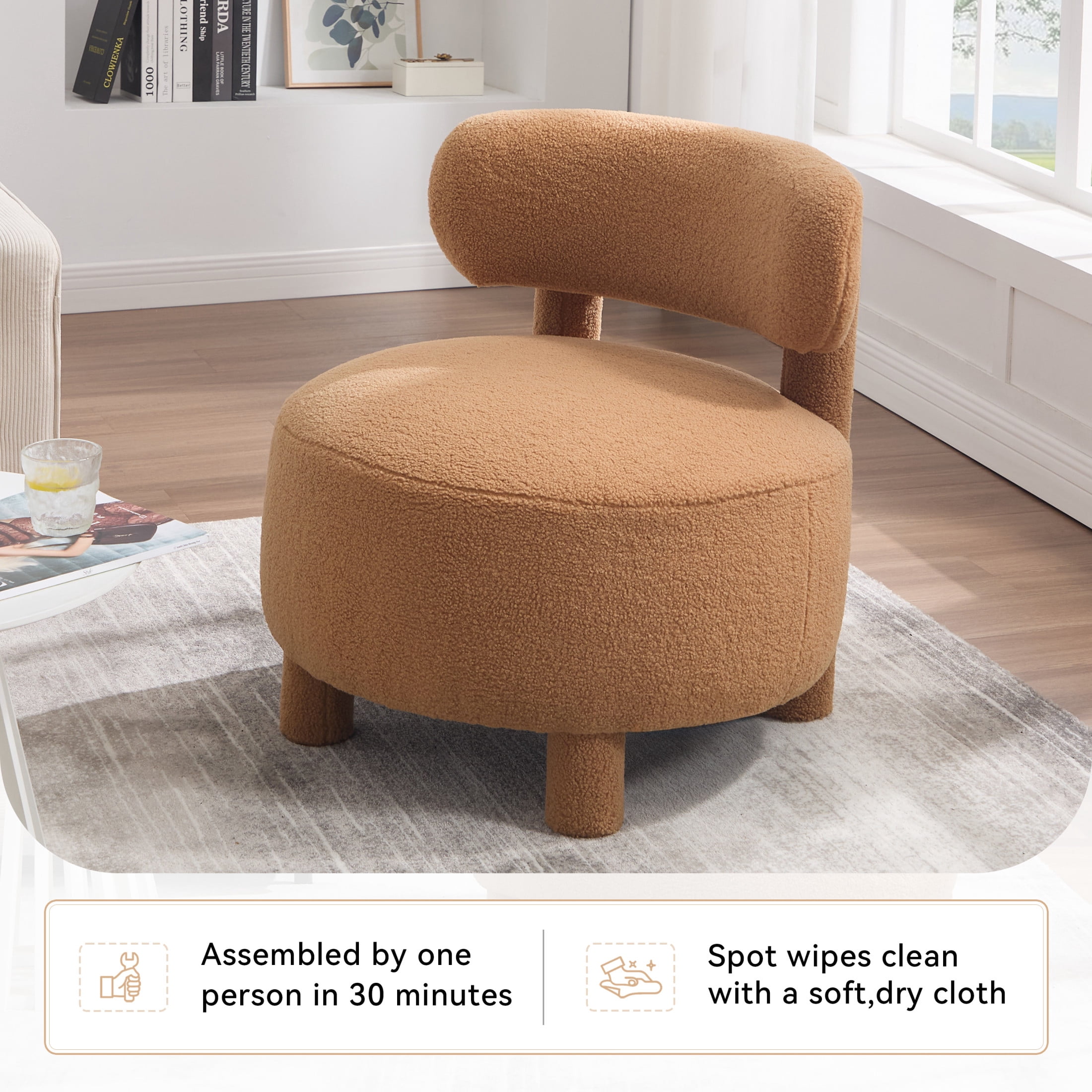 Noble House Dorell Teddy Upholstered Dining Chair, Wooden Frame Reading Side Chair with Curved Backrest, Khaki