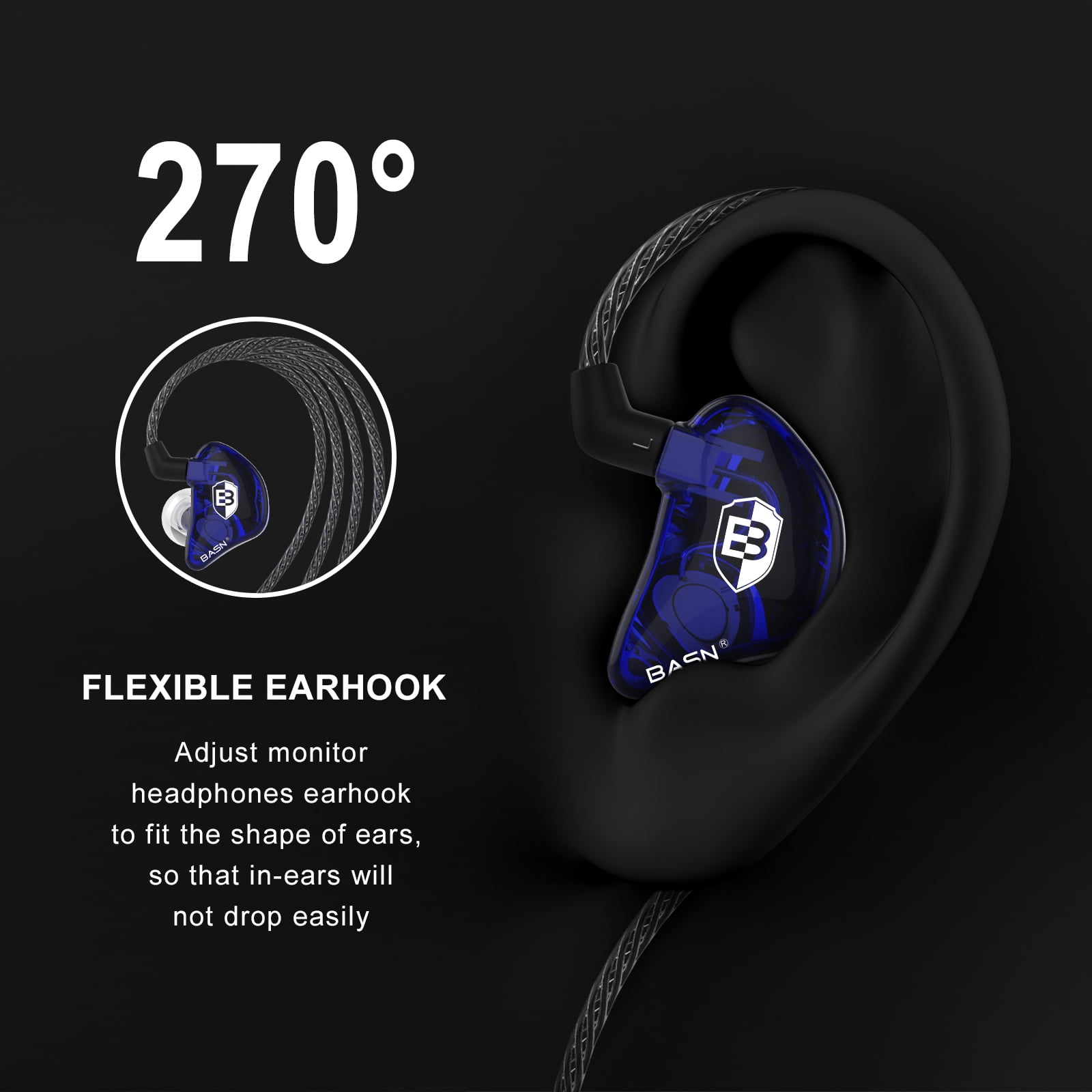 BASN Bsinger PRO In-Ear Monitor Headphones for Musicians, Dynamic Driver Noise Isolating Earphones with 2 Detachable MMCX Cables (Blue)