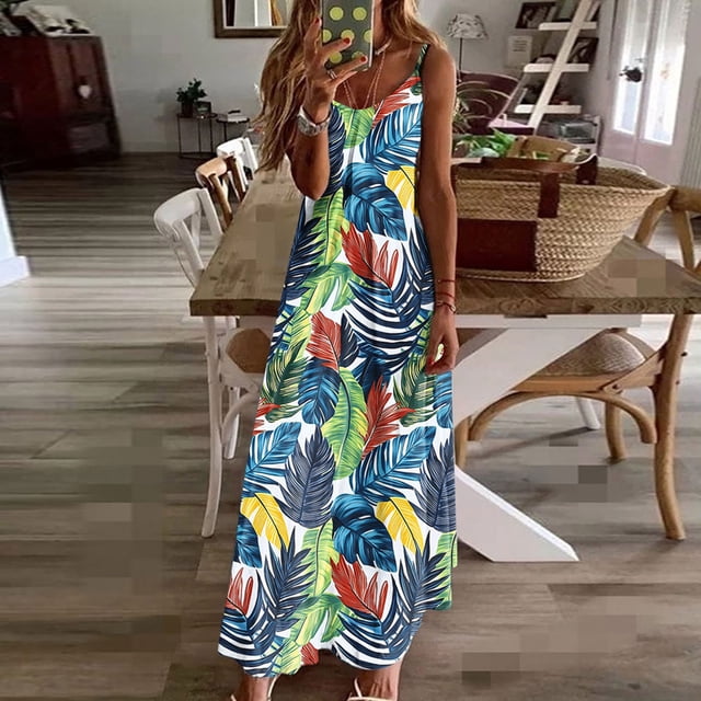 Ovzne Robes pour Femmes Robe de Plage Robes d'Été pour Femmes Imprimé Sans Manches Col Rond Robe Décontractée Longues Robes de Printemps Imprimée Liquidation