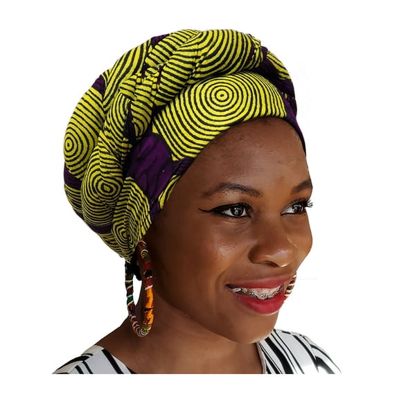 Yellow and Purple African Print Ankara Modu Hat Pre-tied Head wrap