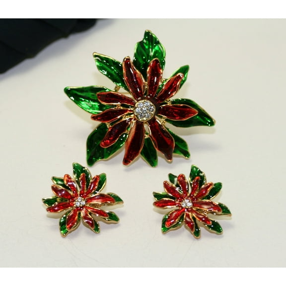 Christmas Enamel Poinsettia Brooch / Pin and Stud Post Earrings Set, Costume Jewelry, Christmas Holiday Jewelry Gift