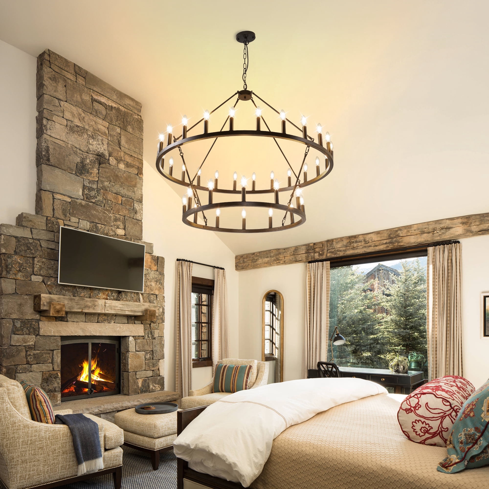 bokifol Black Chandelier Wagon Wheel,48" 2 Tier 36-Light,Extra Large Round Rustic Farmhouse Light Fixture,Foyer Chandeliers for High Ceilings,for Living Room,Dining Room,Kitchen Island,Entryway