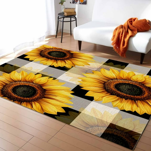 Area Rugs Indoor Non-Slip Rectangle Rug 5x8 Ft Abstract Yellow Sunflower Black White Plaid Linen Texture Rug Rubber Backing Floor Mats Non Shedding Home Decor Carpet for Entryway Living Room