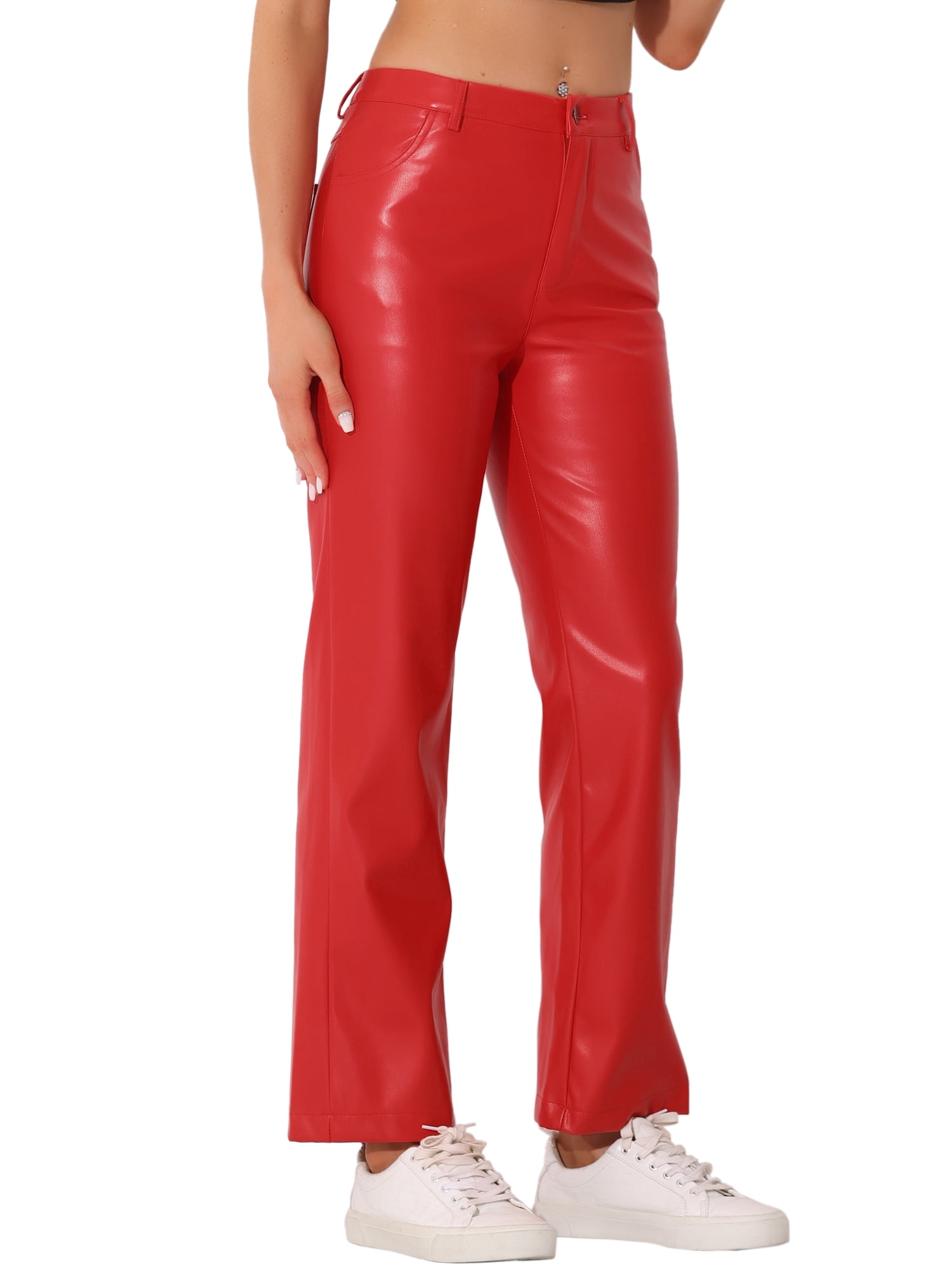 DARING DIVA Faux Leather Pants for Women's High Waist Straight Leg Punk PU Trousers XL Red
