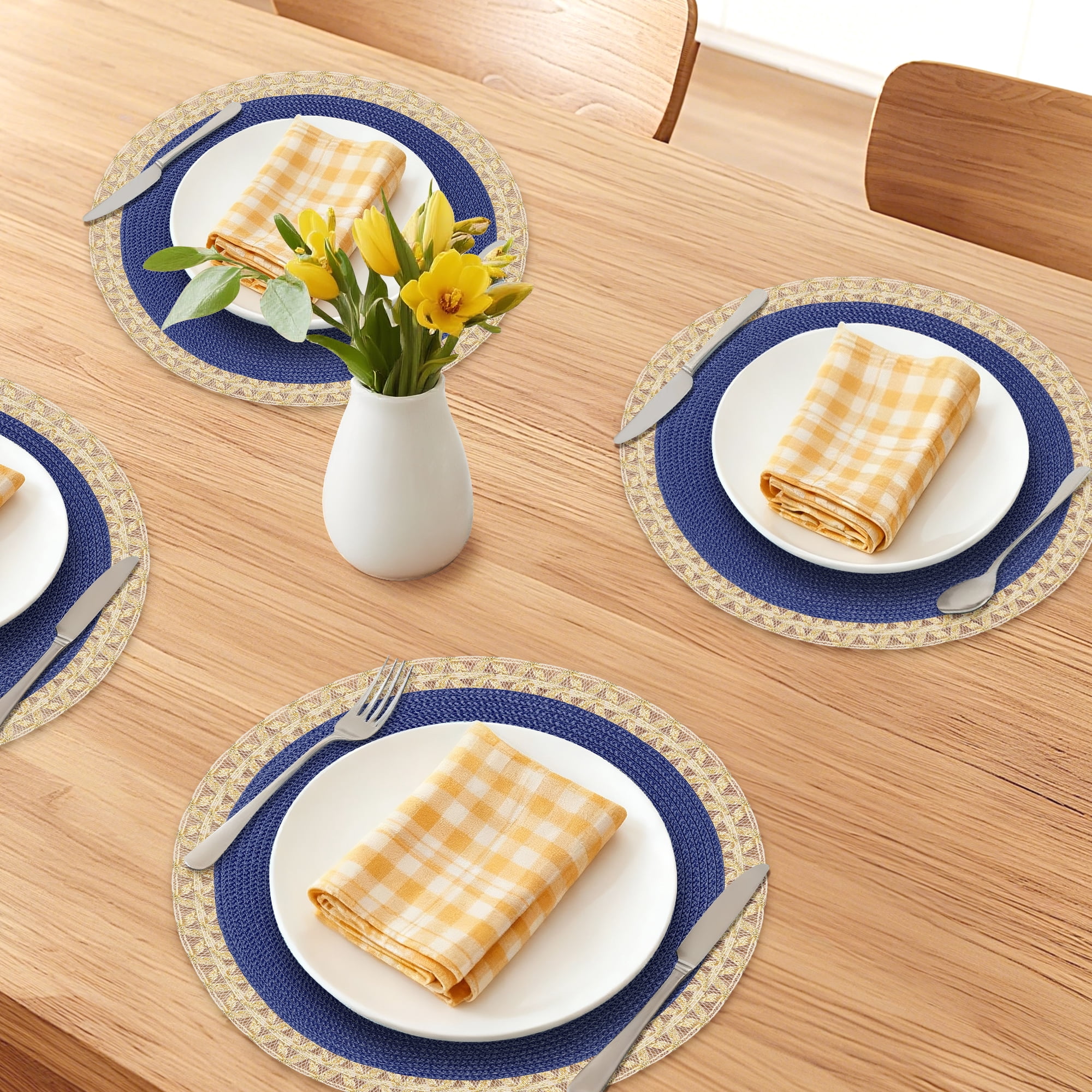 Unique Bargains Rustic Placemats 6 Pack Round Woven Placemats Dark Blue 15x15inch