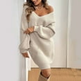 thumbnail image 4 of MaFYtyTPR Women's Kintted Dresses Fashion Solid Color Loose V-neck Bow Long Sleeved Versatile Pullover Woolen Dress White L, 4 of 4