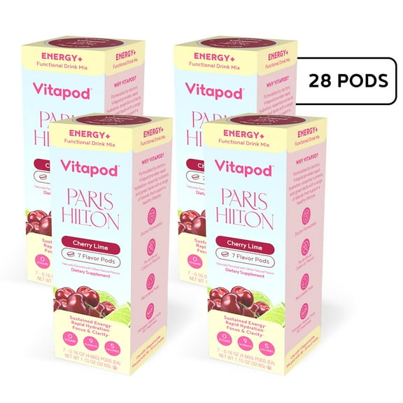 Paris Hilton x Vitapod Energy  Cherry Lime Functional Drink Mix, 28 Pods, Sugar-Free, 5 Calories, 200mg Natural Caffeine, Boosts Energy, Metabolism & Mood
