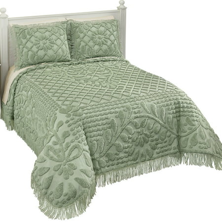 Vine Leaf Lattice and Floral Tufted Chenille Bedspread with Fringe Border - Elegant Bedroom Decor, Queen,