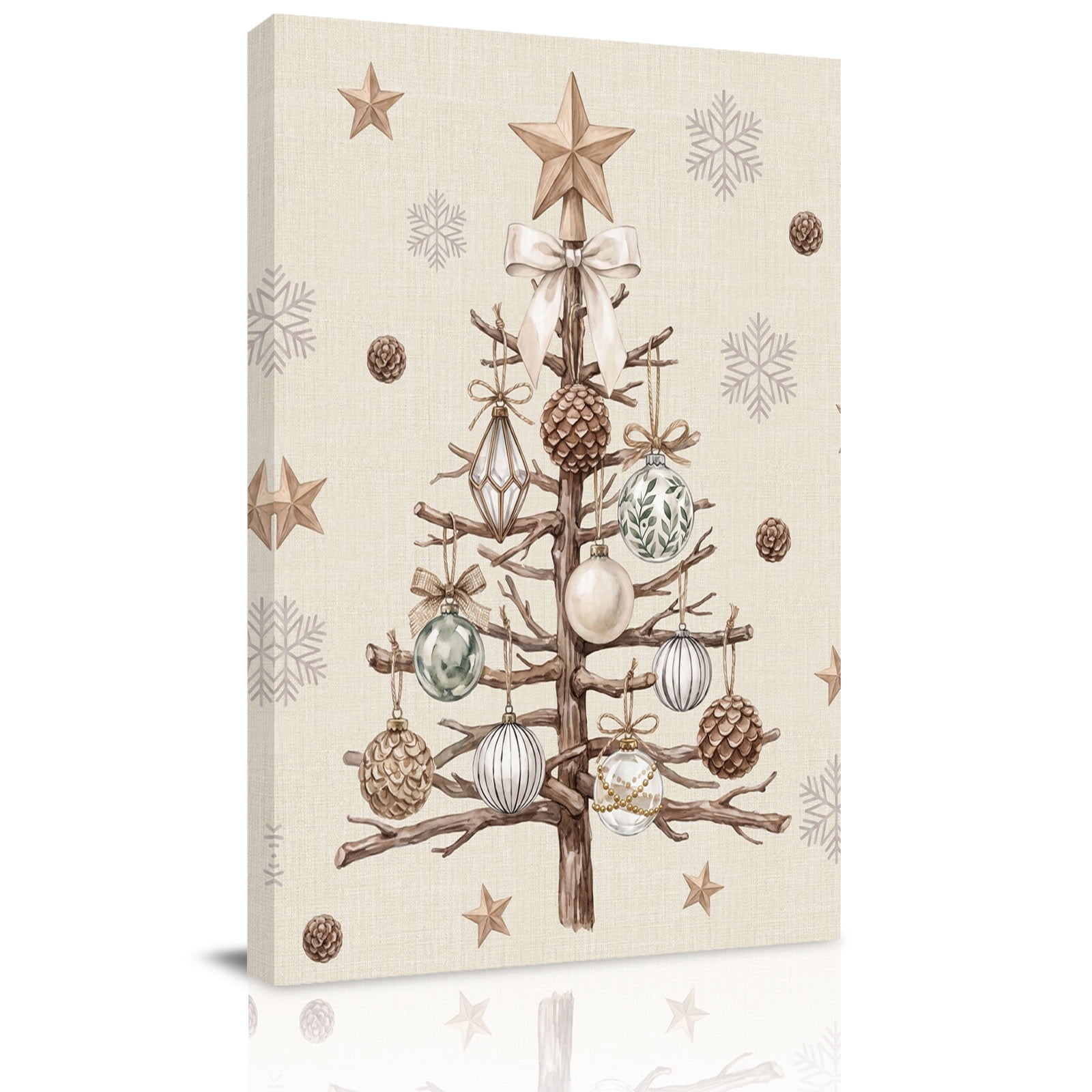 Canvas Wall Art Christmas Tree Framed Canvas Prints for Kitchen Bedroom Beige Xmas Balls Withered Branch Snowflakes Small Gallery Wrapped Wall Decor for Home Office Gifts 8 x12 Ship Next Day