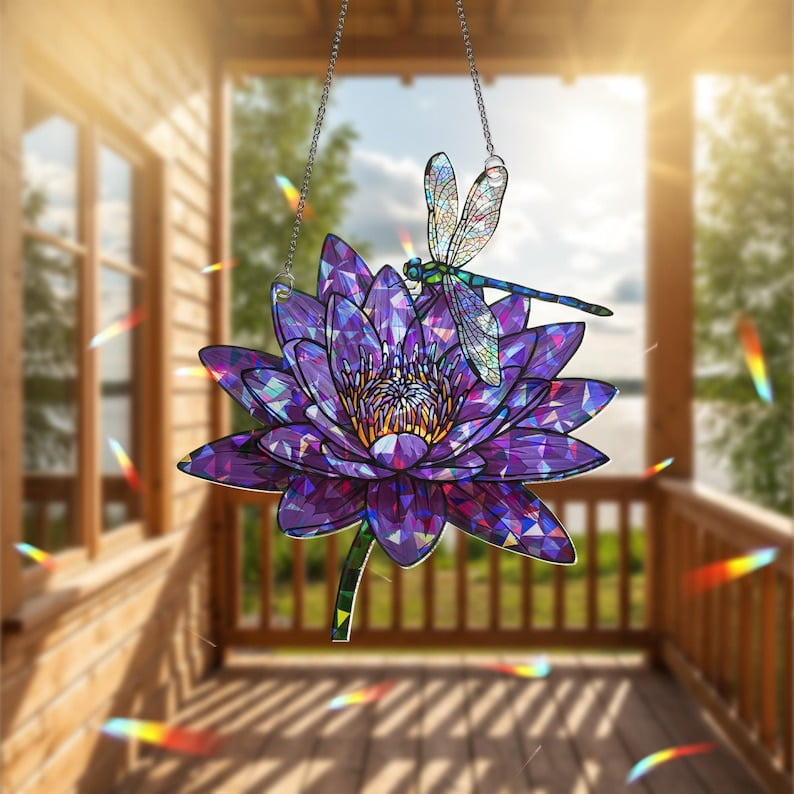 ViciArt Dragonfly Water Lily Suncatcher – 9" Holographic Acrylic Window Hanging, Purple Floral Decor