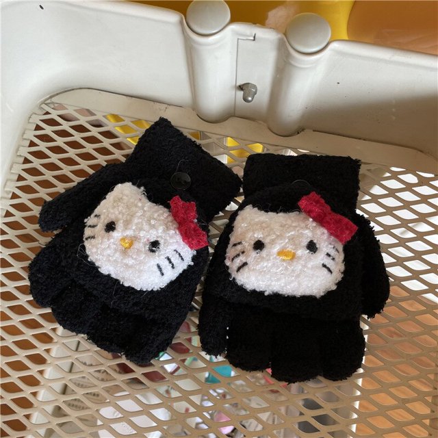 Sanrio-guantes de punto Kuromi Hello Kitty Melody Flip Cover, estudiante, escritura, peluche suave, oficina, pantalla táctil, regalo femenino