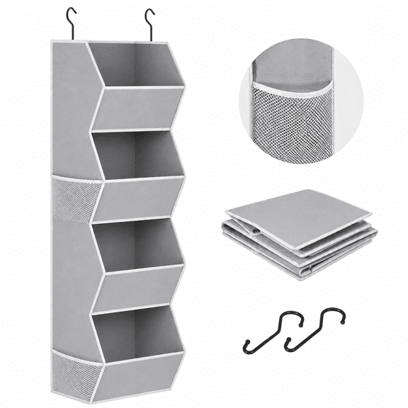 4 Shelf Hanging Closet Organizer with Mesh Pockets, Collapsible Hanging Shelves for Closet Storage, Fabric Hanging Organizer for Clothes, Sweaters, Shoes, Wardrobe Storage Organizer, Grey