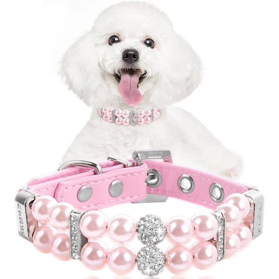 Minzimin Dog Cat Pearl Collars with Crystal Rhinestone PU Leather Collars Necklace Adjustable CollarDog Chain Cat White Pearl Pet Collar 1Pack
