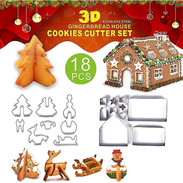 18 Uds. Molde para hornear en casa de pan de jengibre, molde navideño de acero inoxidable para galletas 3d, molde para hornear de punto alto Diy con caja de regalo