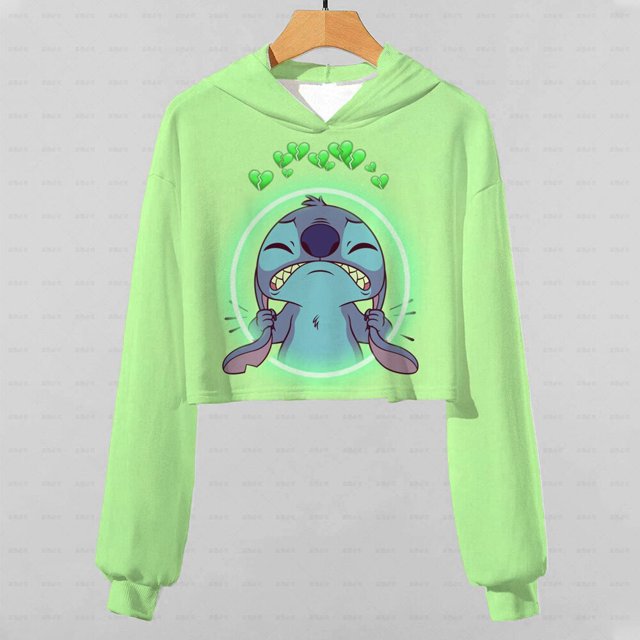 2022 nueva Sudadera con capucha corta con estampado de dibujos animados de Disney Stitch para niñas, sudadera con capucha para niñas, sudadera informal nueva de primavera y otoño 150 heqiyong CONDUJO