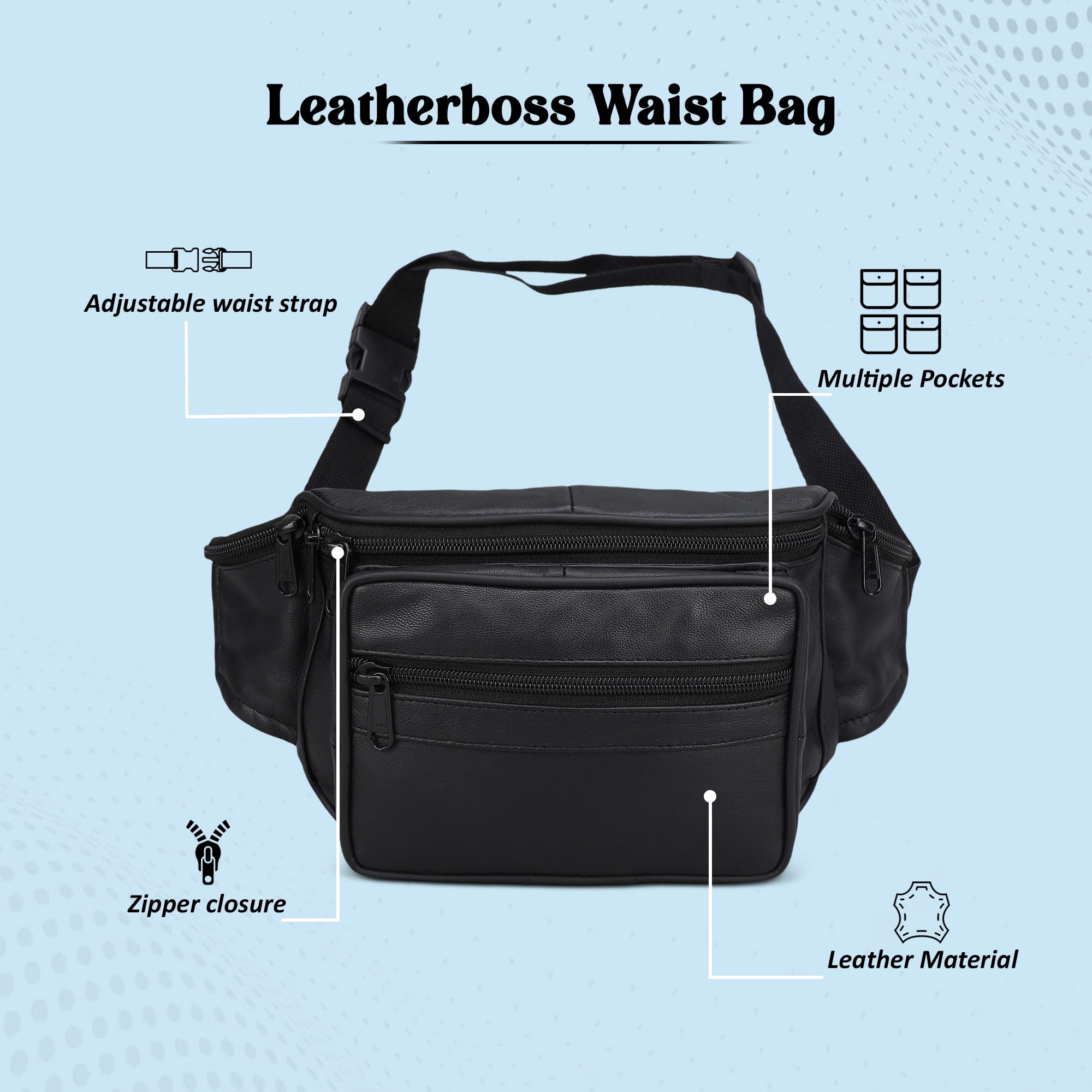 Leather Black Unisex Jumbo Fanny Pack with Side Zipper Pockets by Leatherboss