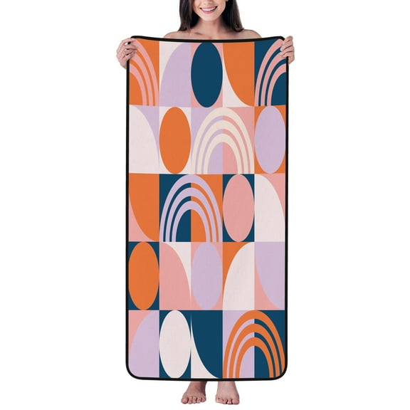 27x55in Coral Velvet Bath Towels Mid Century Modern Inspired Geometric Shapes Absorbent Bath Towel Soft Bathroom Towel for Gift