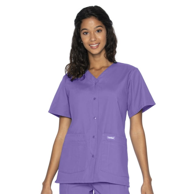 Landau Essentials Haut d'Uniforme à Boutons-Pression pour Femme, Coupe Classique Décontractée, Col en V, 4 Poches