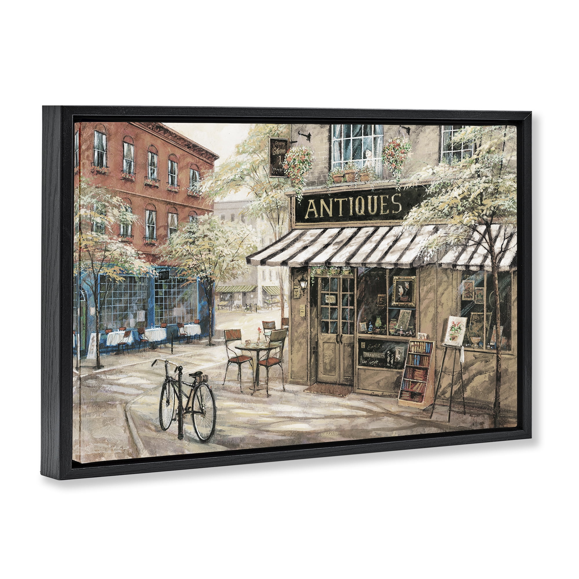 Stupell Industries Cozy Town Antiques Shop Scenic & Cityscapes Painting Black Floater Framed Canvas Art Print Wall Art, 31 x 21