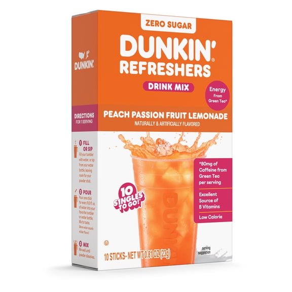 Dunkin' Refreshers Peach Passionfruit Lemonade, Singles to Go Powdered Drink Mix, 10 Count Packets