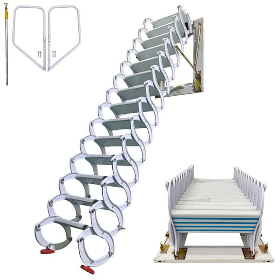 Aluminum-Magnesium Alloy Attic Ladder 23.6 in x 31.4 in 14 Steps Wall-Mounted Folding Ladder