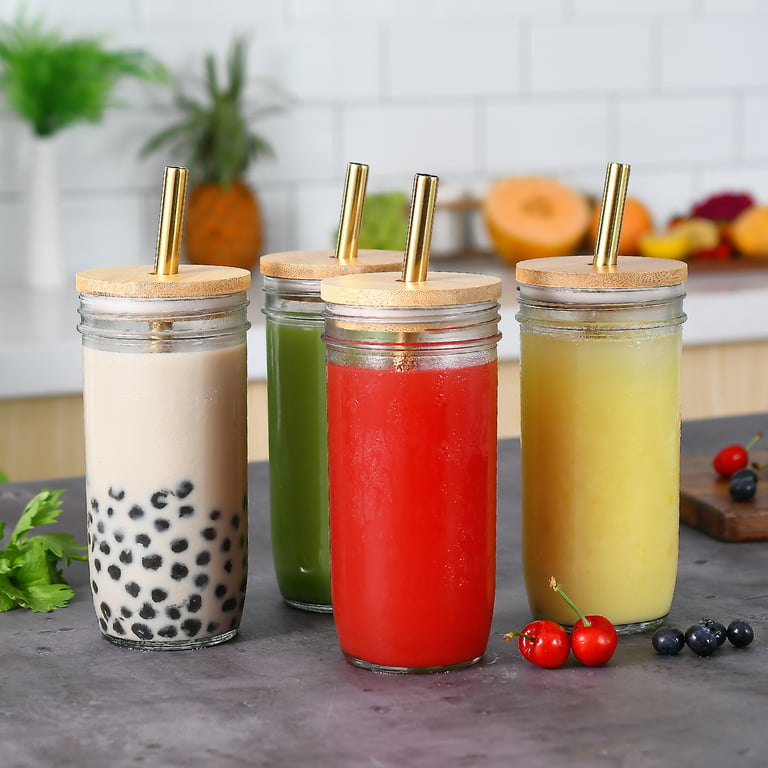 Drinking Glasses with Bamboo Lids and Straws 4 Pcs Set, Cute