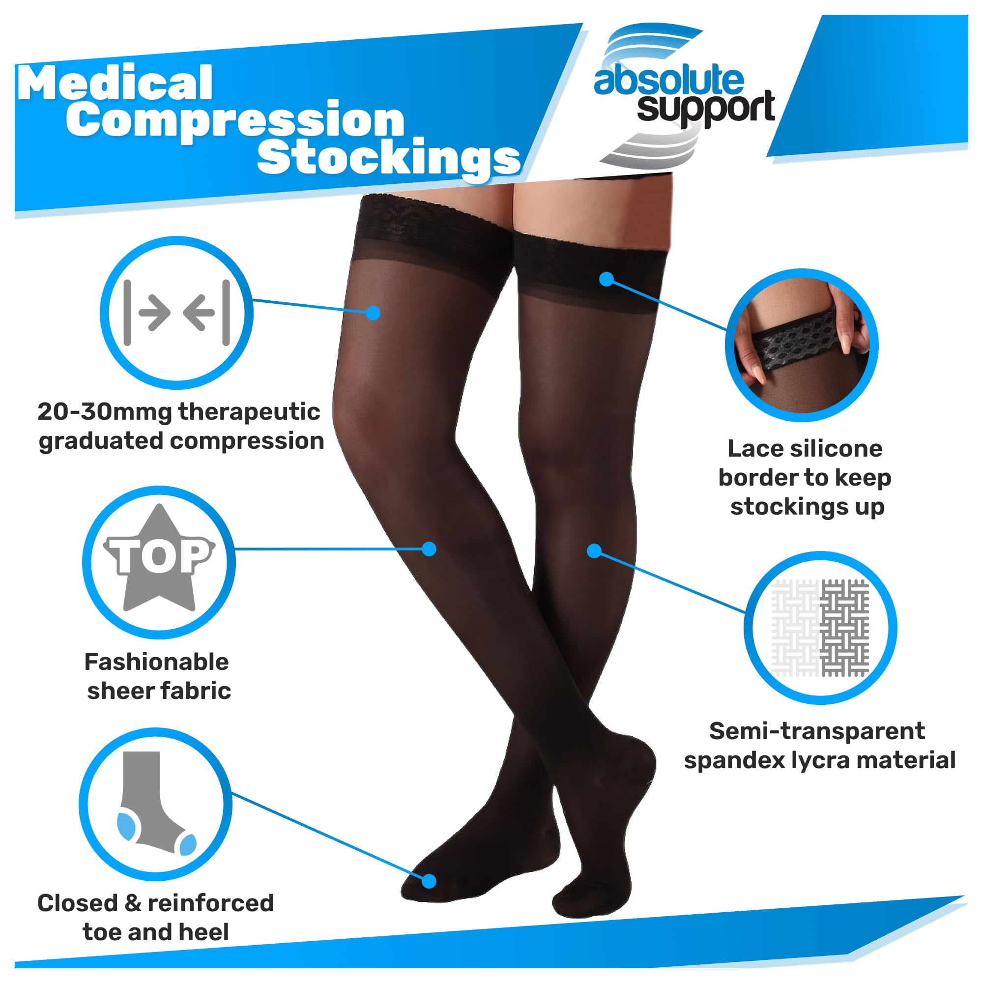 Made in USA - Sheer Compression Stockings for Women 20-30mmHg Black, Large