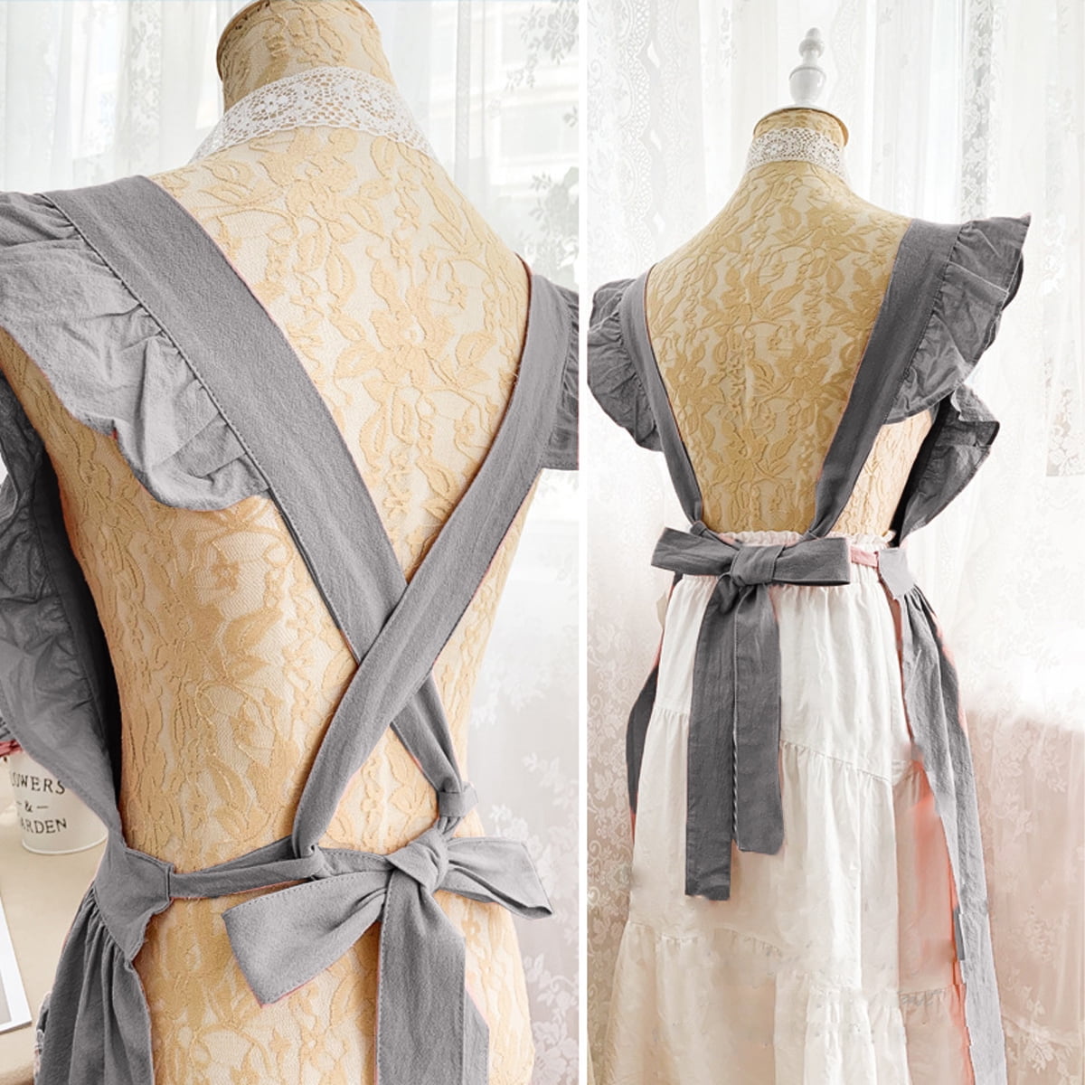 Vintage Cute Maid Ruffle Apron For Women Girls Apron Pinafore With Two Pockets, Kitchen Gift - grey