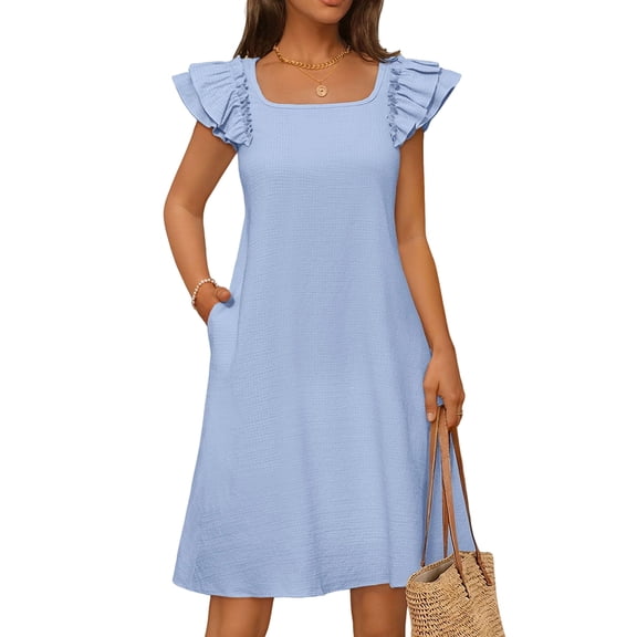 Women'S Spring Ruffle Sleeve Mini Dress Summer Square Neck Casual Cute Shift Sundress Pockets Light Blue M