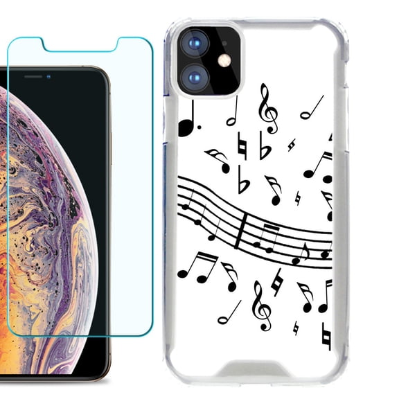 For Apple iPhone 11 Case, Hybrid Bumper Phone Case, with Tempered Glass Screen Protector, by OneToughShield ® - Music Notes / White