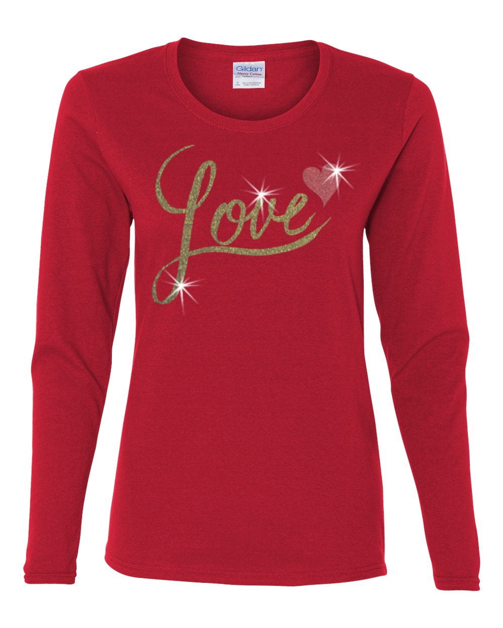 Custom Apparel R Us Valentine Gold Glitter Love Red Heart Womens Long