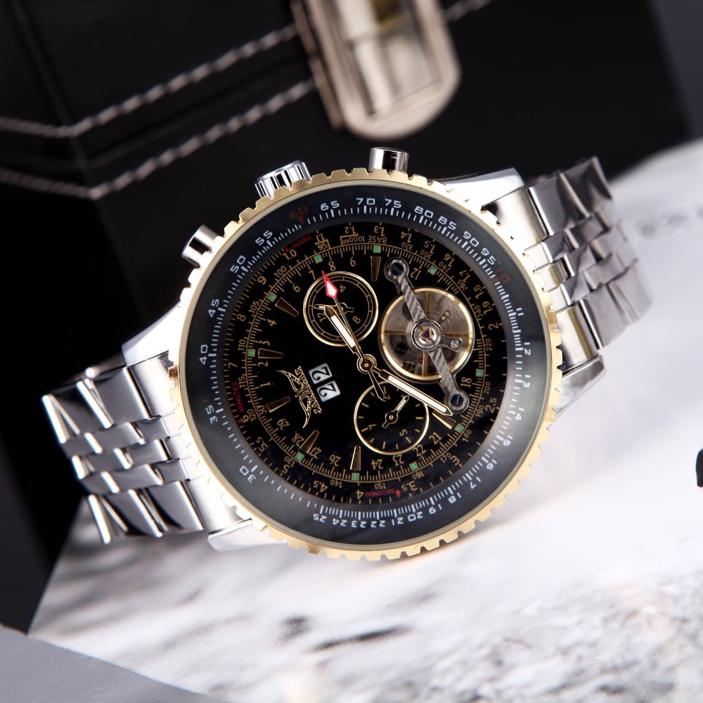 Jaragar Automatic Hand-winding Mechanical Wrist Watch with Analog Display Stainless Strap Luxury Design Balance Wheel Gold & Black